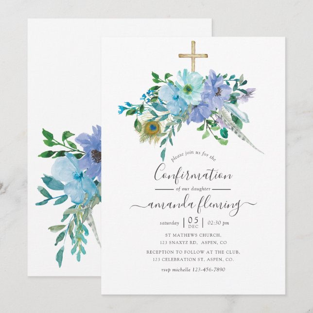 Mint och Blå Akvarell Boho Blommig Konfirmation Inbjudningar (Fram/baksida)