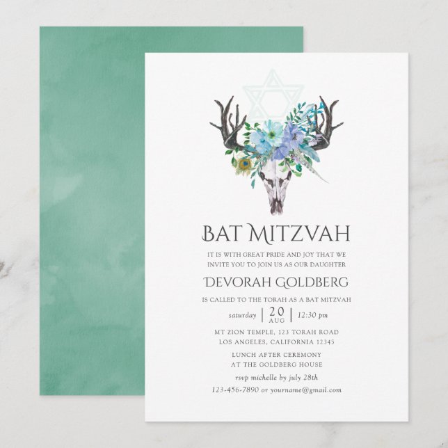 Mint och blå akvarell Boho blomster Bat Mitzvah Inbjudningar (Fram/baksida)