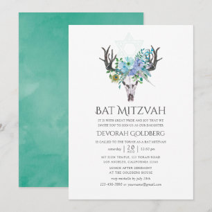 Mint och blå akvarell Boho blomster Bat Mitzvah Inbjudningar