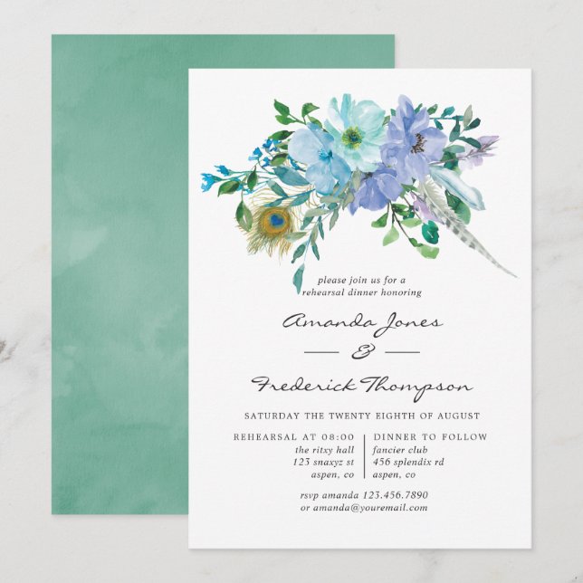 Mint- och blå boho-blommig repetitionsmiddag inbjudningar (Fram/baksida)