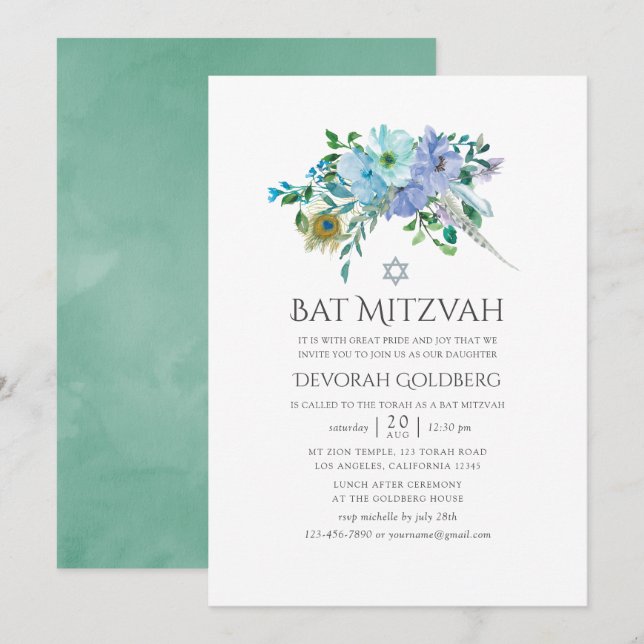 Mint och blå boho blomster Bat Mitzvah Inbjudningar (Fram/baksida)