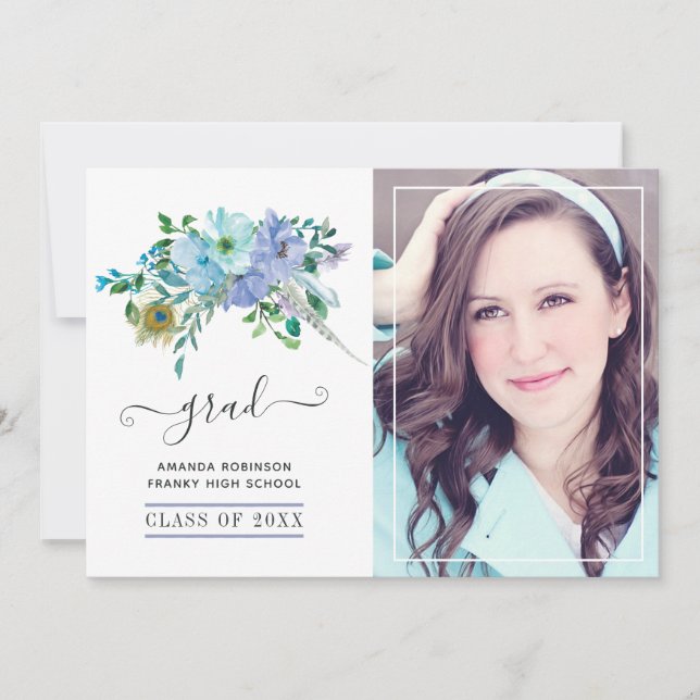 Mint och blå boho blomsterlig examensfoto meddelande (Framsida)