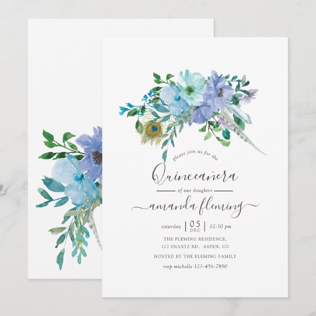 Mint och Blått Akvarell Boho Blommig Quinceañera Inbjudningar (Fram/baksida)