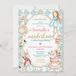 Mint och Blue Alice Tea Party första födelsedag Inbjudningar