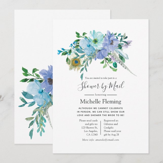 Mint och Blue Boho Baby eller Möhippa efter post Inbjudningar (Fram/baksida)