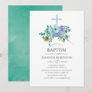 Mint och Blue Boho Baptism eller Christening Inbjudningar