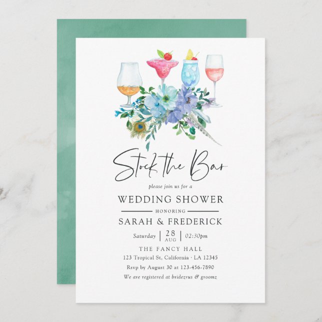 Mint och Blue Boho Blommigt Lagrar Pub Inbjudningar (Fram/baksida)