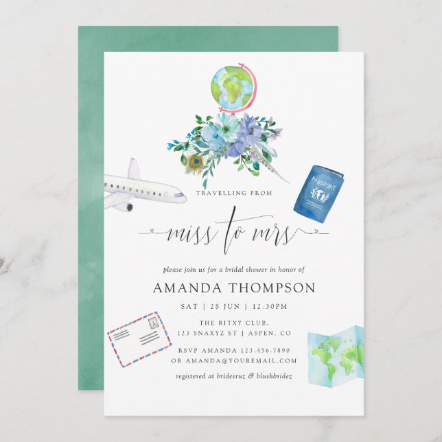 Mint och Blue Boho Miss To Mrs Möhippa Inbjudningar (Fram/baksida)