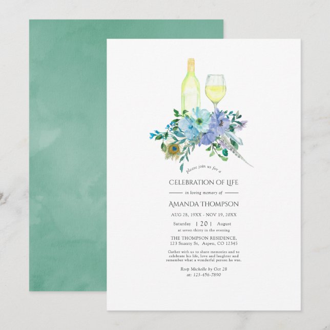 Mint och Blue Boho Vin temed Firande of Life Inbjudningar (Fram/baksida)