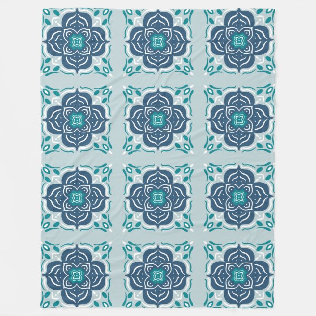 Mint och Blue Mandala Tile Geometric Mönster Boho Fleecefilt (Framsidan)