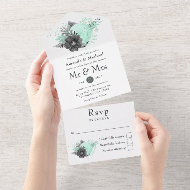 Mint och Charcoal Blommig Rustik Bröllopsinbjudan  (Avrivbar del)
