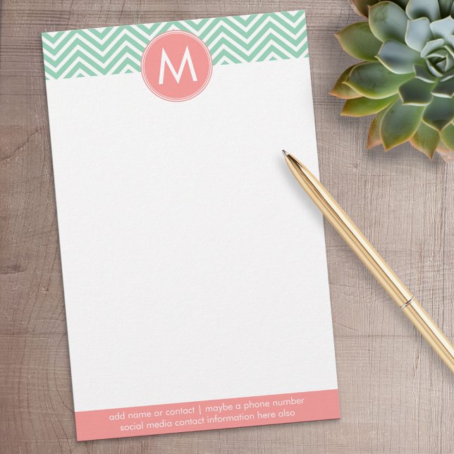 Mint och Coral Chevrons med Anpassningsbar Monogra Brevpapper (Personalized Stationery)