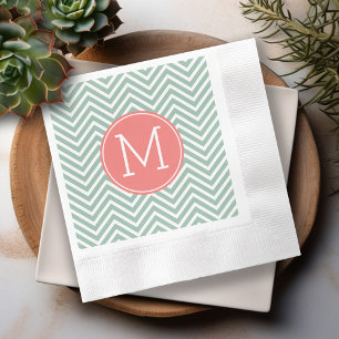 Mint och Coral Chevrons med Anpassningsbar Monogra Pappersservett
