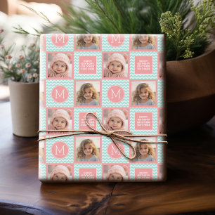 Mint och Coral Chevrons med Anpassningsbar Monogra Presentpapper