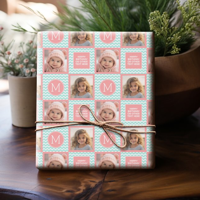 Mint och Coral Chevrons med Anpassningsbar Monogra Presentpapper (Personalized Photo Wrapping Paper)