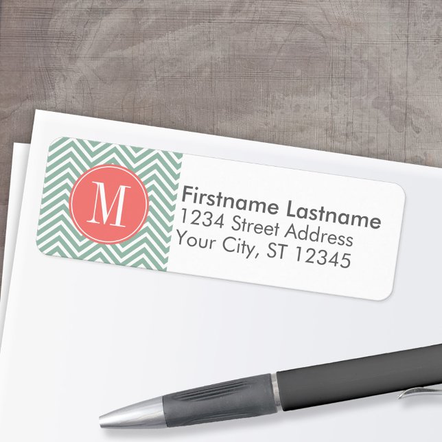 Mint och Coral Chevrons med Anpassningsbar Monogra Returadress Etikett (Custom Return Address Labels - Low Minimum)