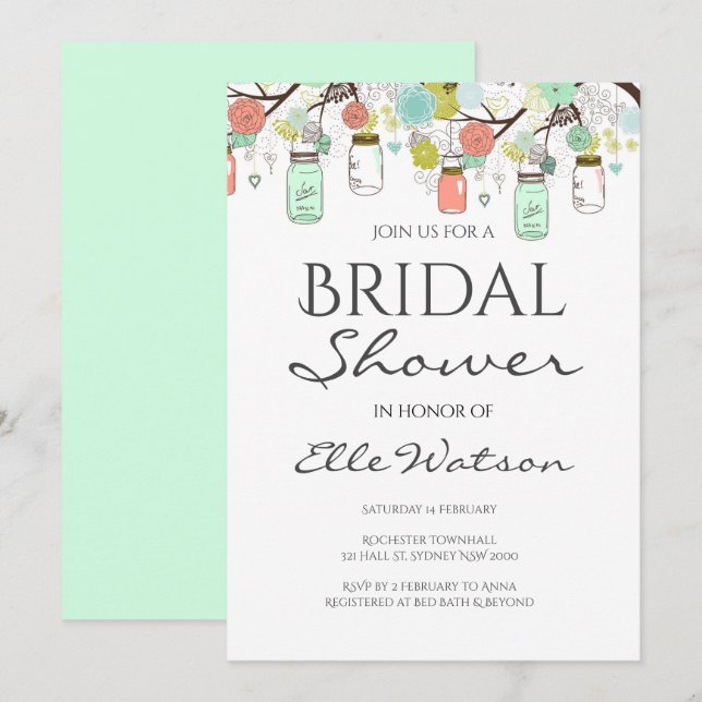 Mint och Coral Inbjudningskort för möhippan, Bröll (Fram/baksida)