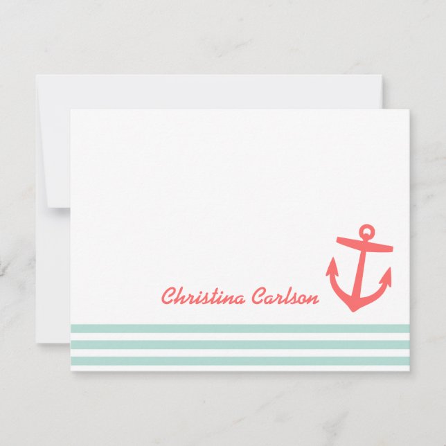 Mint och Coral Nautical Rand Anchor Stationery Anteckningskort (Framsida)