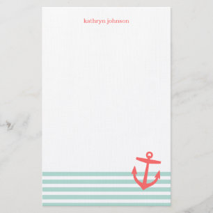 Mint och Coral Nautical Rand Cute Anchor Brevpapper
