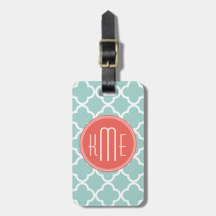 Mint och Coral Quatrefoil med Anpassningsbar Monog Bagagebricka