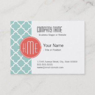 Mint och Coral Quatrefoil med Anpassningsbar Monog Visitkort