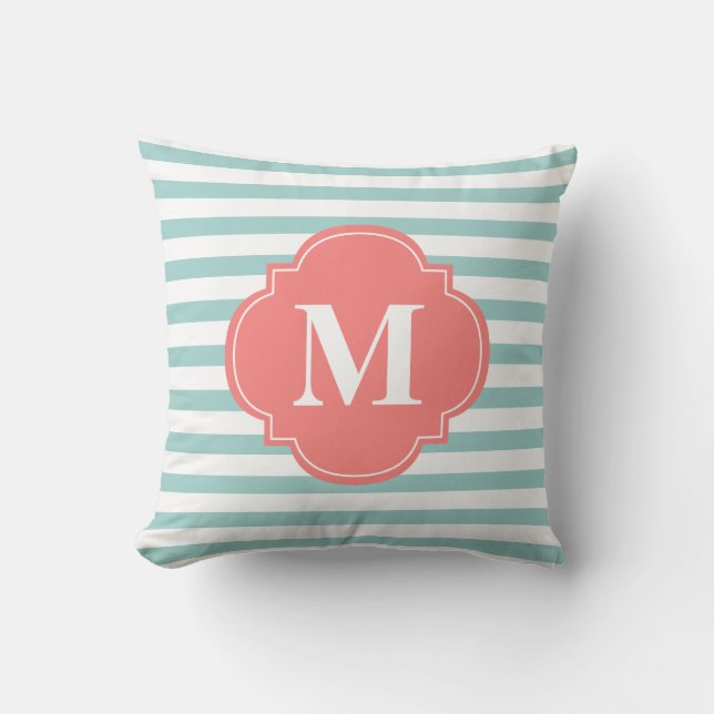 Mint och Coral Rand Monogram Kudde (Framsida)