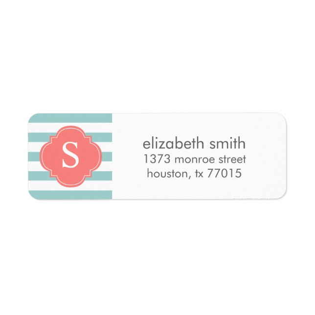 Mint och Coral Rand Monogram Returadress Etikett (Framsidan)