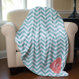 Mint och Coral Zigzag Mönster Monogram Fleecefilt