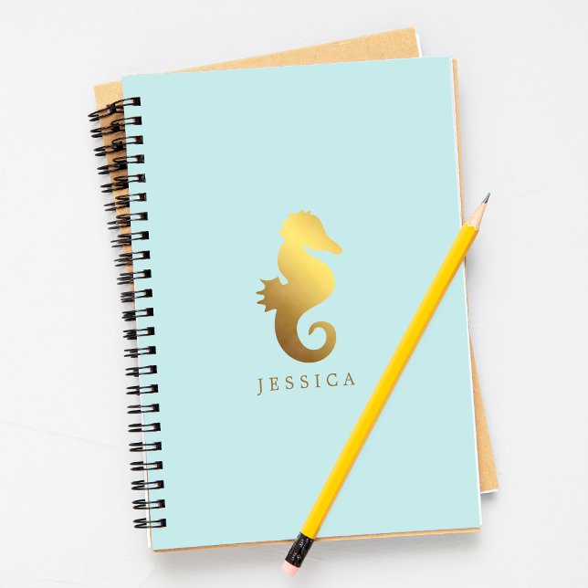 Mint och Faux Gold Foil Seahorse Personlig Anteckningsbok Med Spiral (Skapare uppladdad)