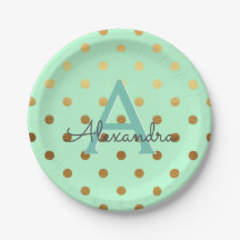 Mint och Gold Foil Polka dots Monogram Birthday