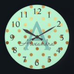 Mint och Gold Foil Polka dots Monogram Namn Stor Klocka<br><div class="desc">Mint och Gold Foil Polka dots Monogram Namn och första Serving Wall Clock. Wall Clock ger perfekten till någon som kärlek Mint och Gold Foil Polka dots.</div>