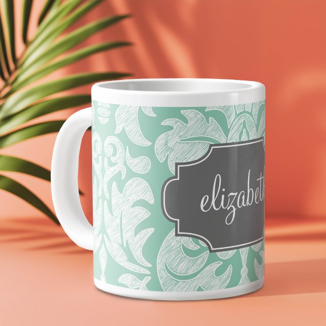 Mint och grå Damask-mönster anpassat namn Jumbo Mugg (Girly Monogram Mug with A Shabby Chic Lace Design)