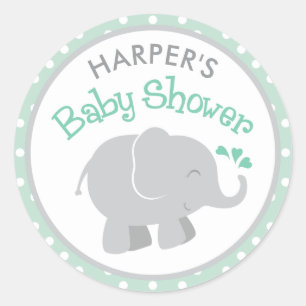 Mint- och grå elefant-babyshower runt klistermärke