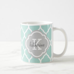 Mint och Grått Moroccan Quatrefoil Monogram Kaffemugg