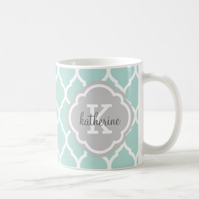 Mint och Grått Moroccan Quatrefoil Monogram Kaffemugg (Höger)