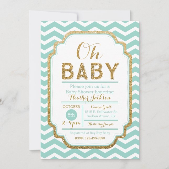 Mint och Guld Baby Shower Inbjudan Chevron (Framsida)