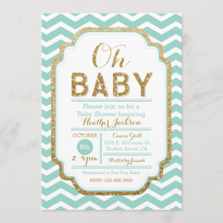 Mint och Guld Baby Shower Inbjudan Chevron