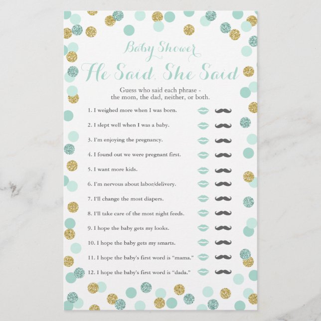 Mint och Guld Baby Shower sa att hon sa att spel (Framsida)