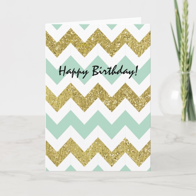Mint och Guld Chevron Faux Glitter Rand Kort (Framsida)