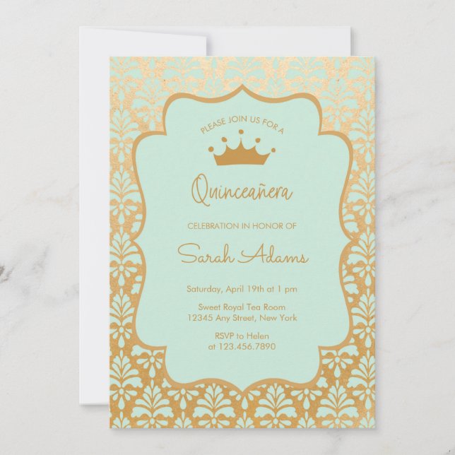Mint och Guld Damask Glam Modern Quinceanera Inbjudningar (Framsida)