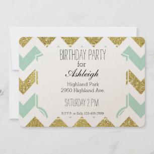 Mint och Guld Faux Glitter Chevron födelsedag Inbjudningar
