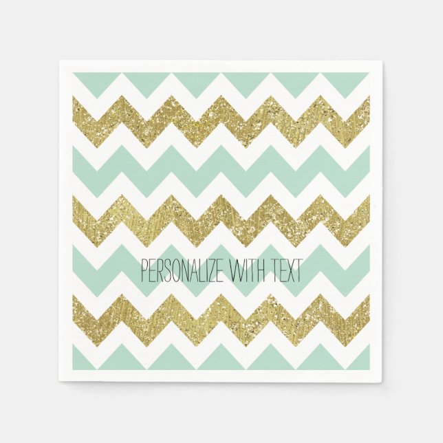 Mint och Guld Faux Glitter Chevron Pappersservett (Framsidan)