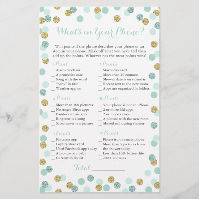 Mint och Guld Glitter What's in Your Mobil Game (Framsida)