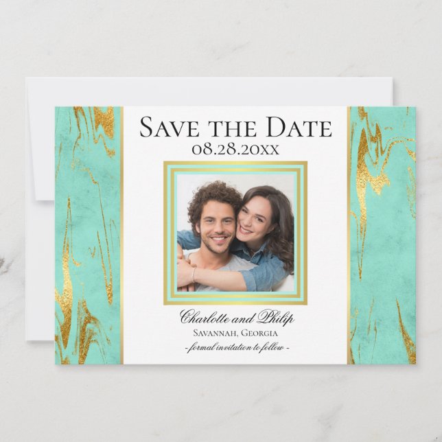 Mint och Guld Marble Photo Save Date Spara Datumet (Framsida)