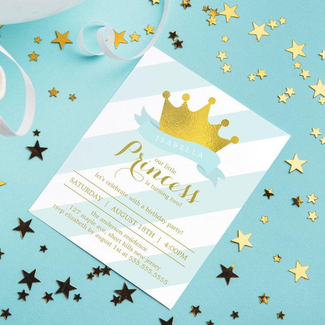 Mint och Guld Princess Födelsedagsfest Inbjudningar (Skapare uppladdad)