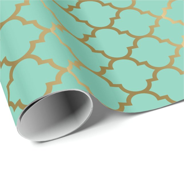 Mint och Guld Tones Quatrefoil Mönster Presentpapper (Rullad Hörn)