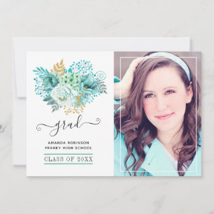Mint och Guld Watercolor Blommigt Studenten Photo Meddelande