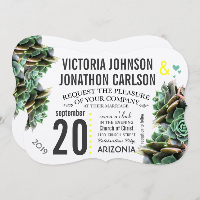 Mint och Gult Succulent Modern Bröllop Inbjudningar (Fram/baksida)