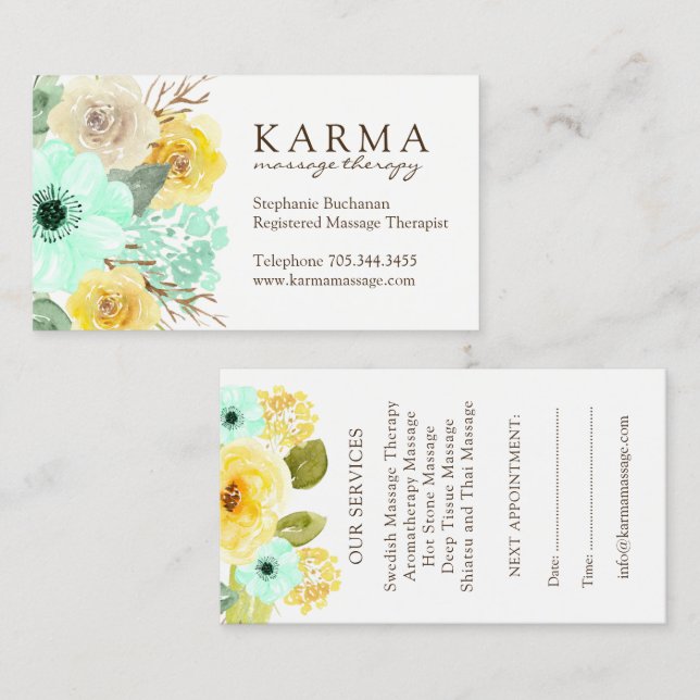 Mint- och gultblommigtvisitkortar tidsbeställning kort (Fram/baksida)
