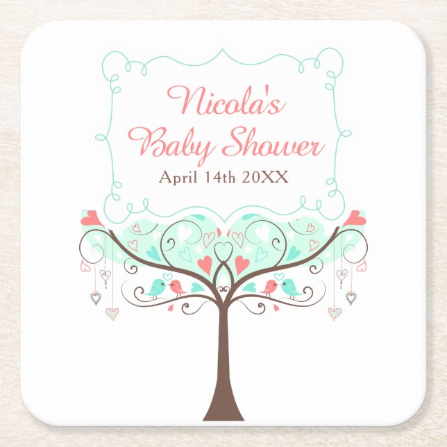 Mint- och korallblommig fågelbabyshower underlägg papper kvadrat (Framsidan)